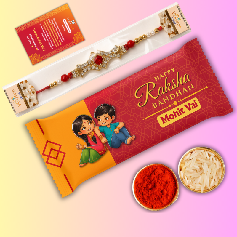 Raksha Bandhan Gift Hamper @ ₹99 – Custom Chocolate, Rakhi, Roli-Chawal & Greeting Card