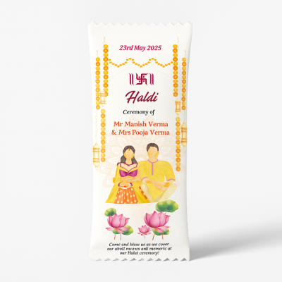 Customized Haldi Ceremony Chocolate Pack || Personalized Wedding Favor with Names, Date & Couple Photo | 14 gm