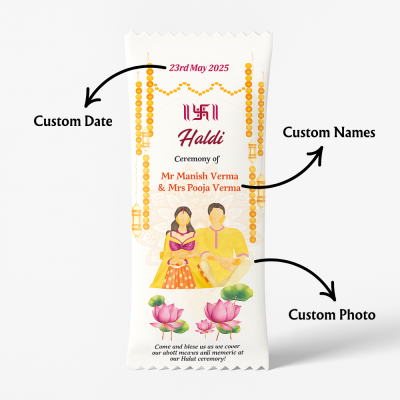 Customized Haldi Ceremony Chocolate Pack || Personalized Wedding Favor with Names, Date & Couple Photo | 14 gm