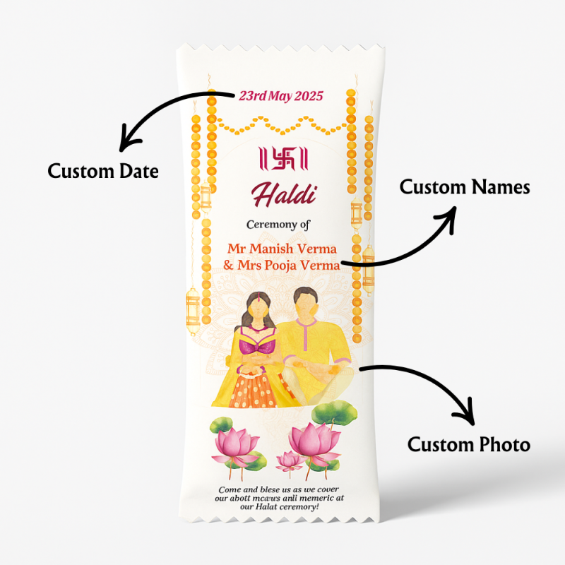 Customized Haldi Ceremony Chocolate Pack || Personalized Wedding Favor with Names, Date & Couple Photo | 14 gm